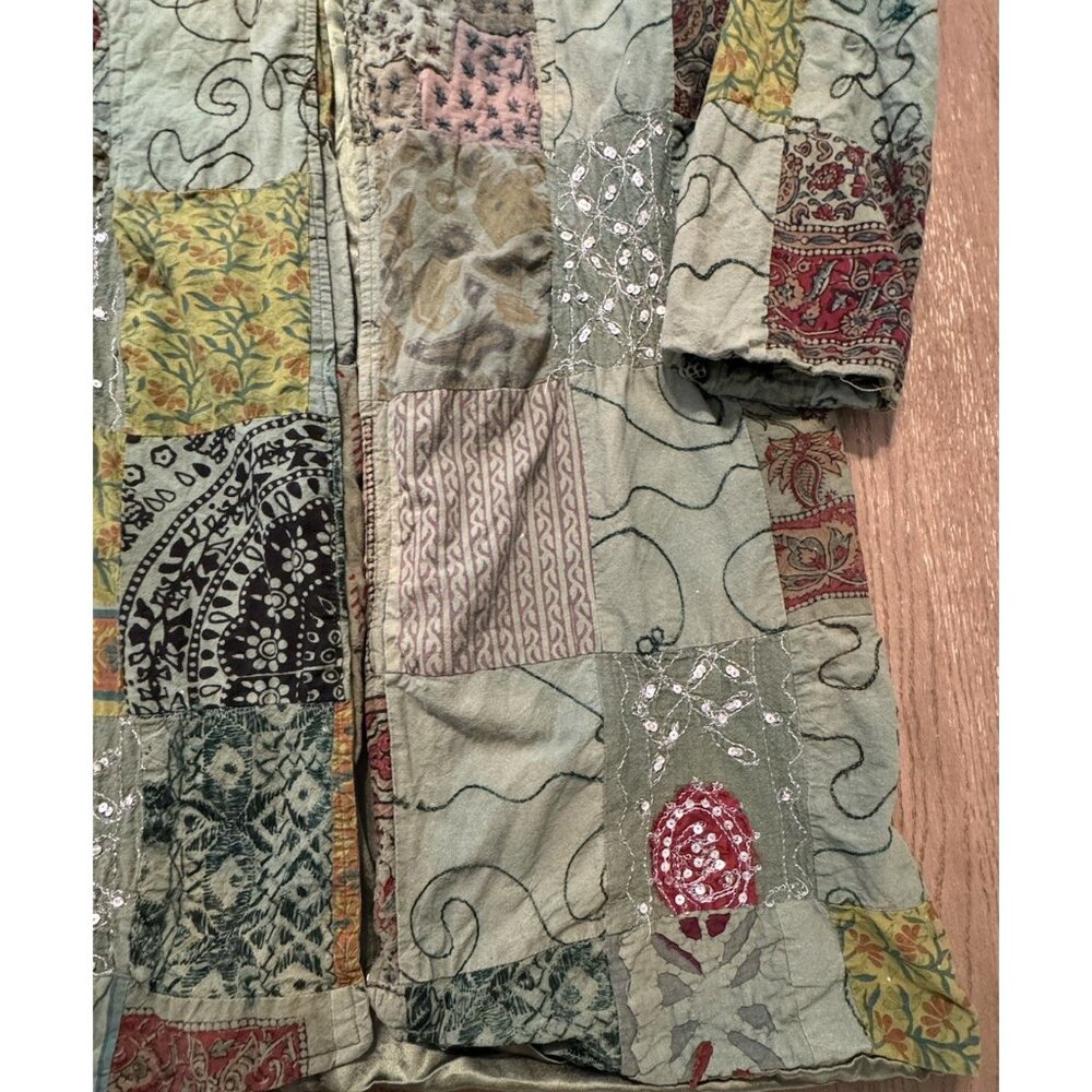 Patchwork kantha quilt kimono Jacket Green Embroidered Boho Art to Wear Hippie - Picture 15 of 16